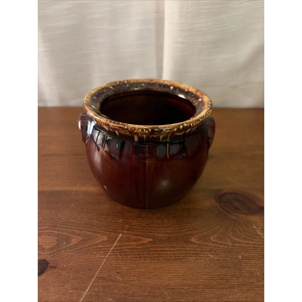 Hull Bean Pot Pottery‎ Brown Drip Glaze Design Molded Handles No Lid